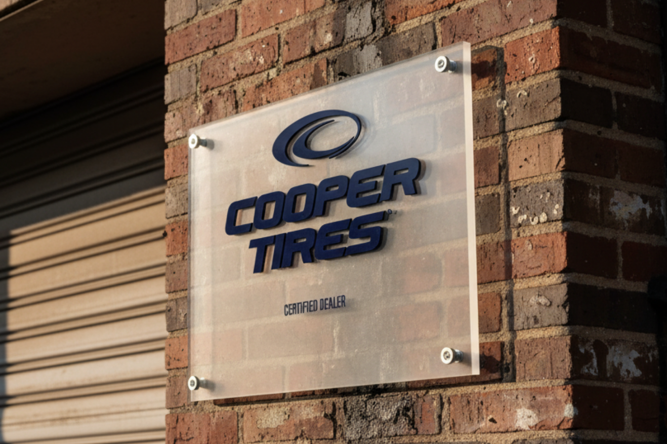 Visual merchandising for cooper tyres made by Vipitalia. In the picture there is a plexi plate fixed on a wall