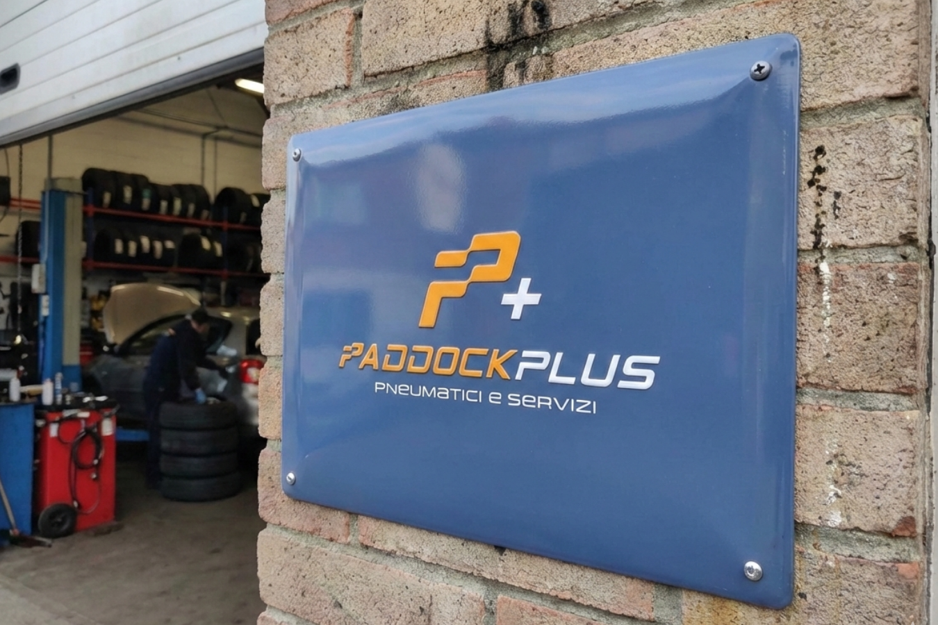 Visual merchandising product made for paddock plus by vipitalia. In the image the metal plate with paddock plus branding is fixed on a wall
