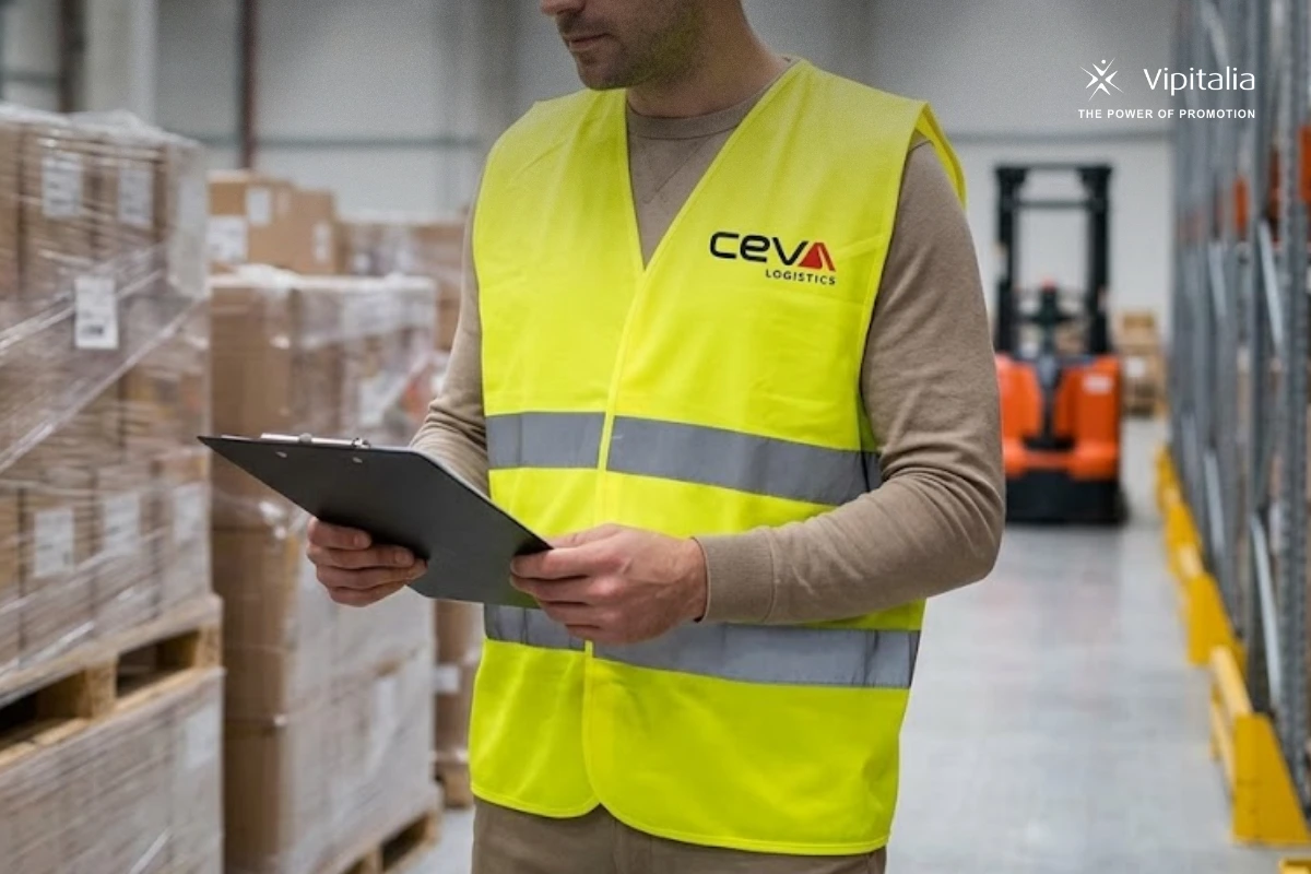 Man wearing a high visiblity vest in a warehouse. The company shown is CEVA Logistics and the vest is made by Vipitalia.