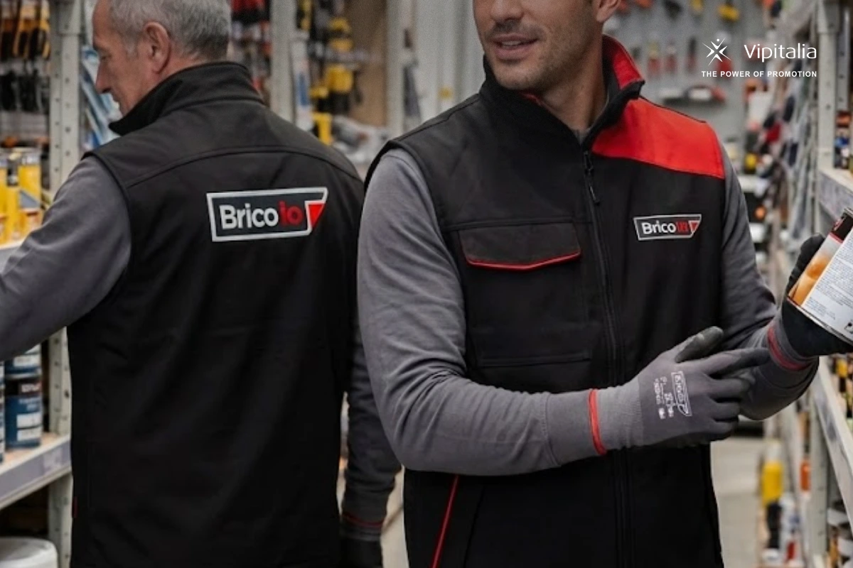 Two bricoio employees wearing personalized workwear with company branding, produced by Vipitalia milano