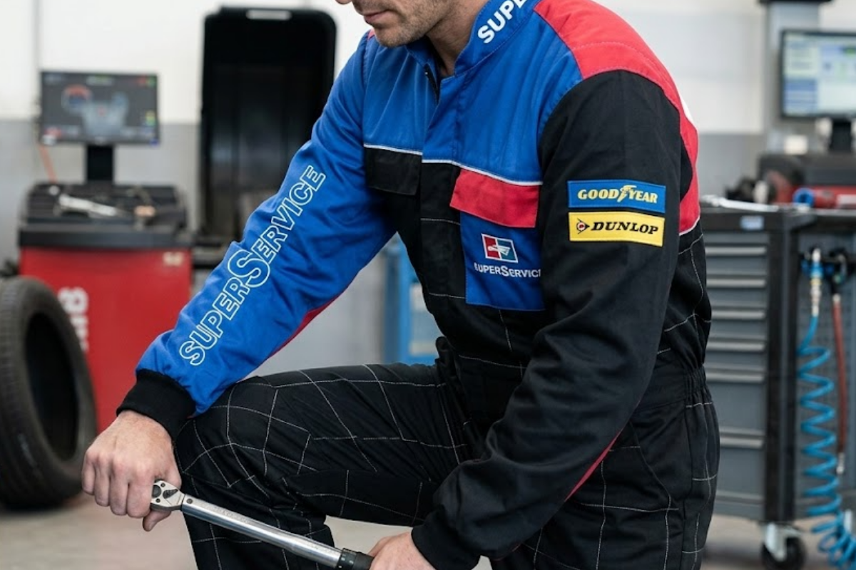 Workwear for superservice made by vipitalia milano. in the picture a man is in a garage and looking to repair a car