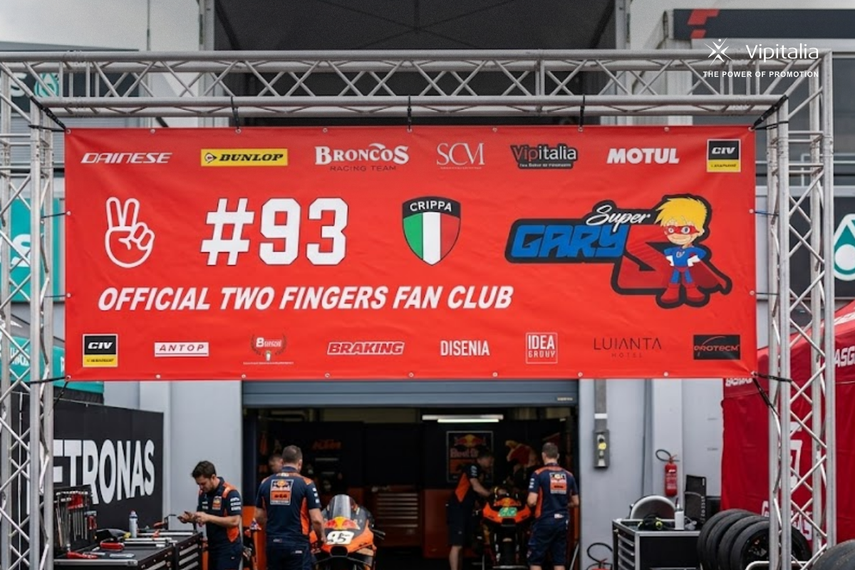 Large custom-printed rally banner used in a public demonstration, produced by Vipitalia