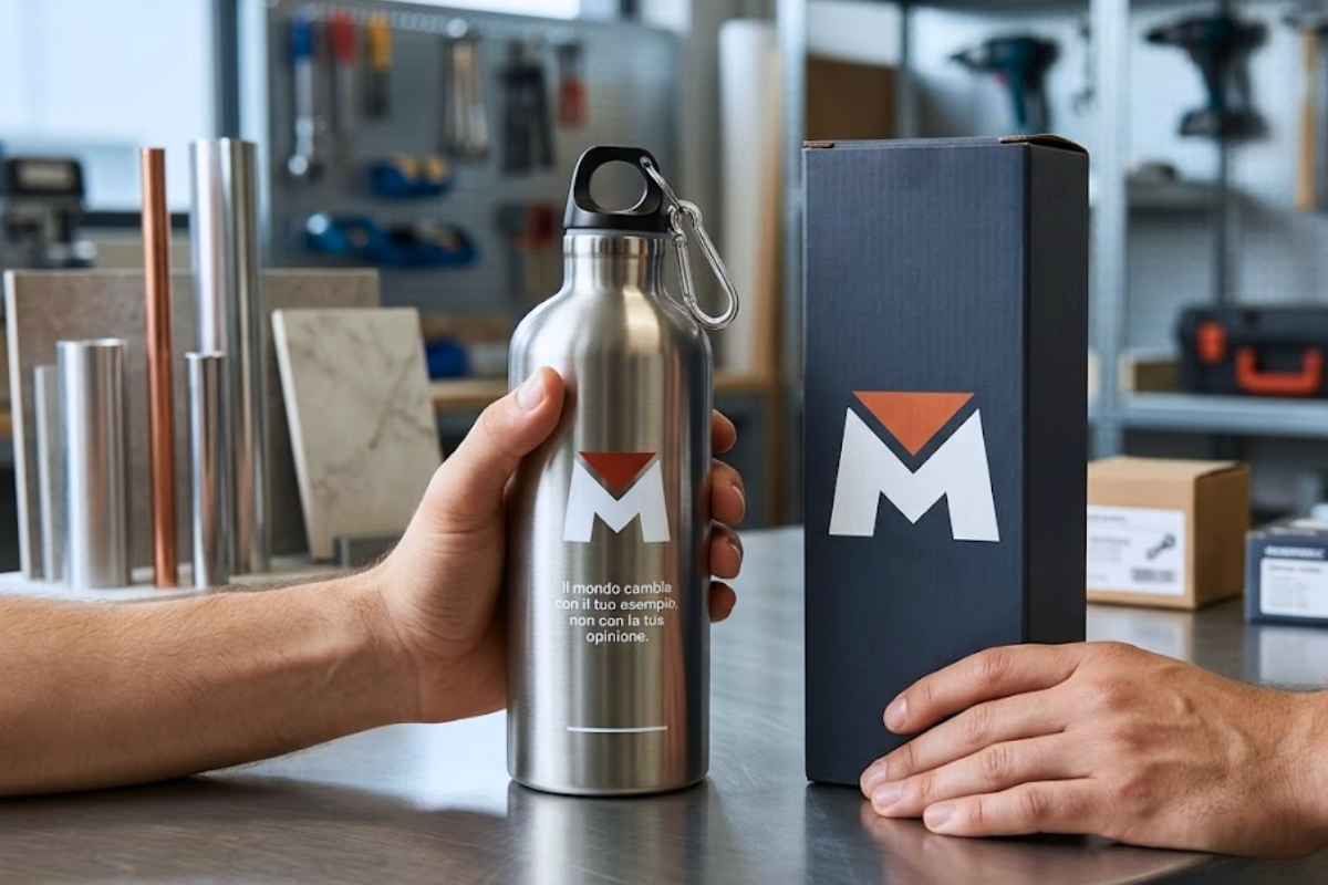 tecnomat bottle being used in office. Official merchandising bottle of Tecnomat made by Vipitalia Milano