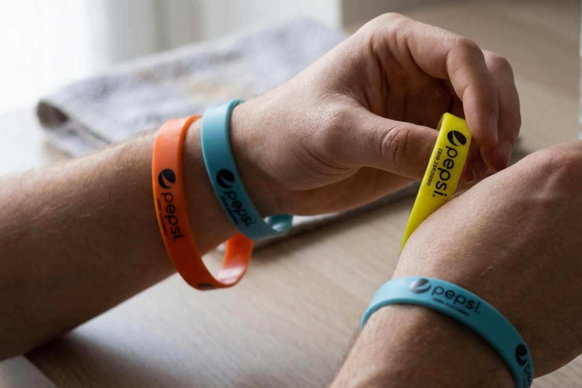 A person is wearing various colored PepsiCo branded wrist bands made by Vipitalia Milano