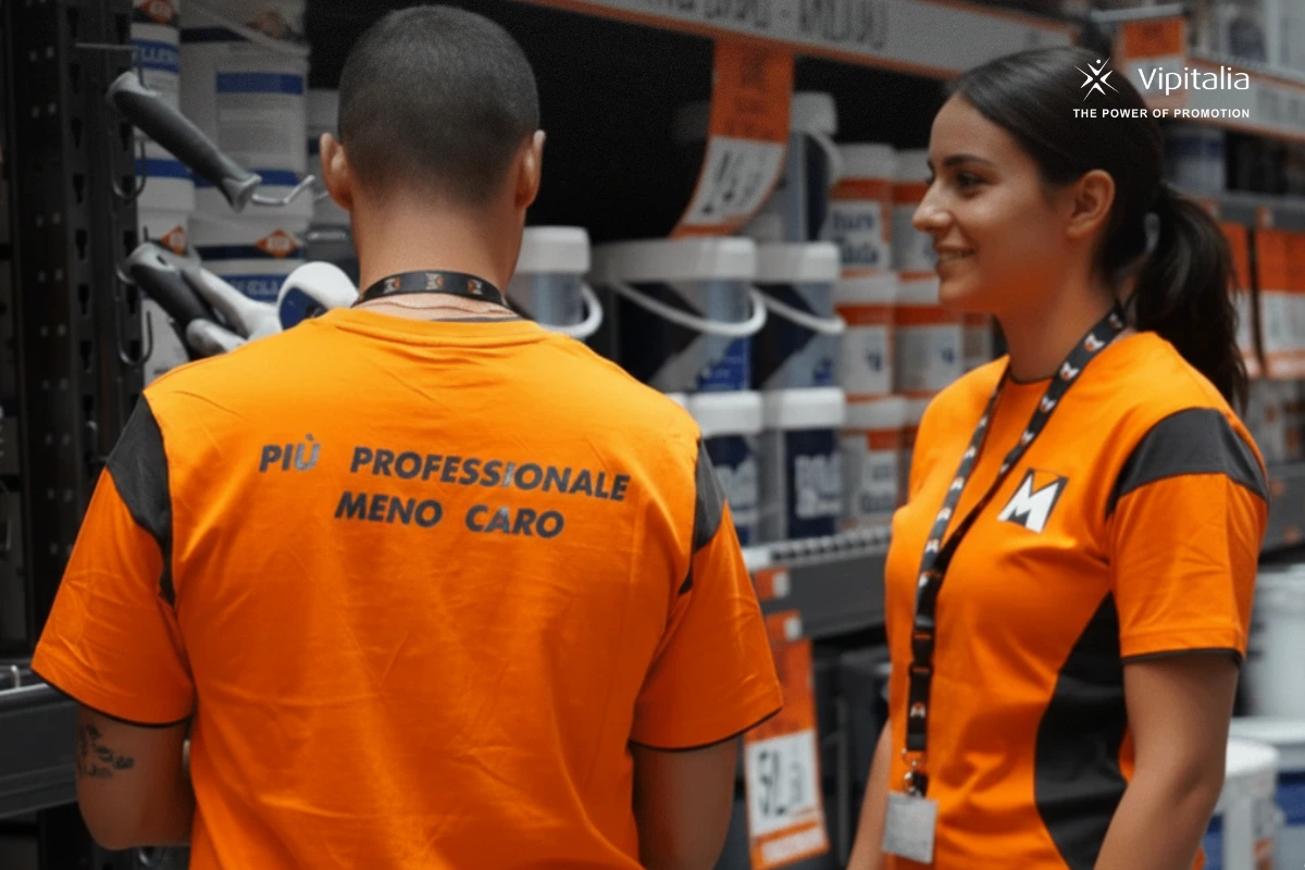 Two Bricoman employees wearing personalized workwear with company branding, produced by Vipitalia milano, inside a store.