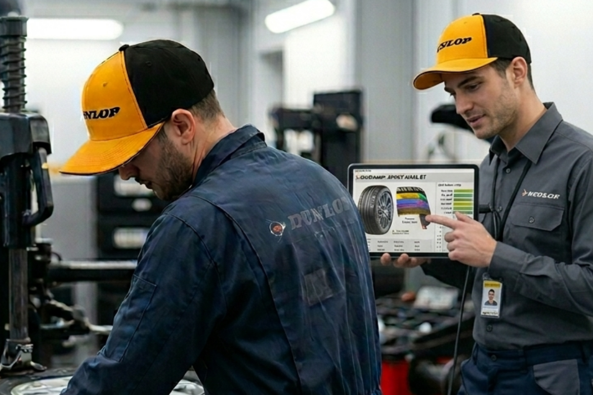 A man wearing dunlop branded cap in a car workshop. The cap is made by Vipitalia milano
