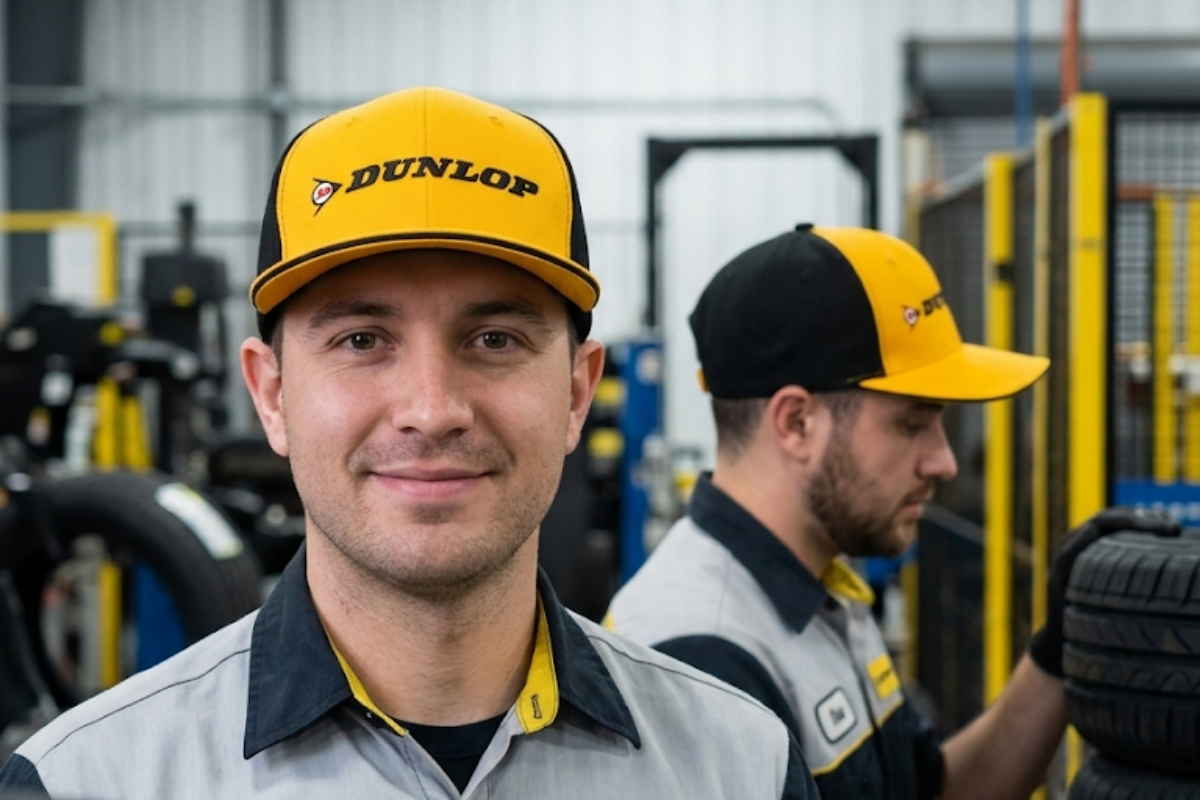 A man wearing dunlop branded cap in a car workshop. The cap is made by Vipitalia milano