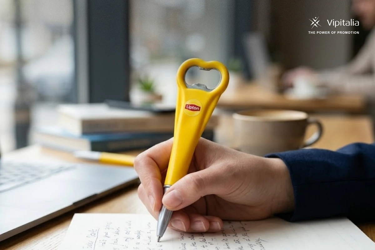 Lipton branded pen being used by a person. Made by vipitalia milano