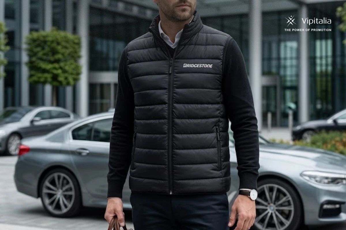 Puffer jacket/piumino with bridgestone branding worn by a man. Projected and made by vipitalia