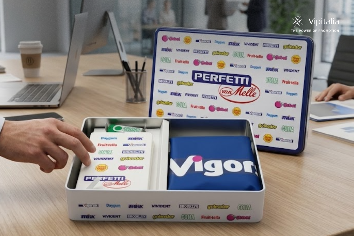 Welcome kit of perfetti van melle; placed on a table. Kit includes notebook, drawstring bag, and a pendrive. All of the products are made by Vipitalia Milano