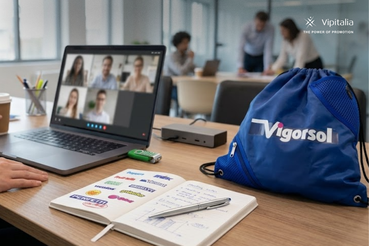 Welcome kit of perfetti van melle; placed on a table. Kit includes notebook, drawstring bag, and a pendrive. All of the products are made by Vipitalia Milano