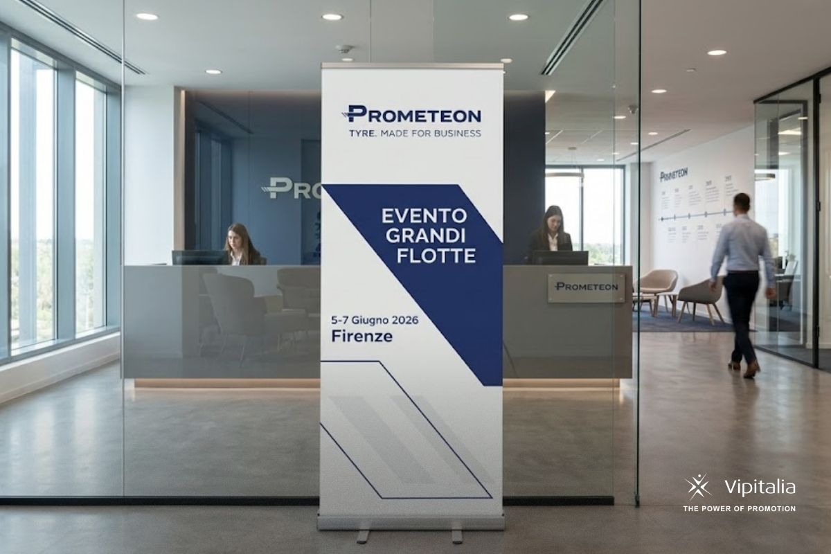 Roll-up banner displayed in a modern office environment for corporate branding, made by Vipitalia.