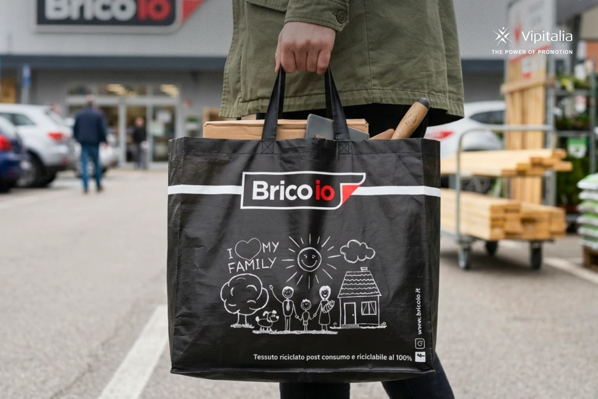 Personalised shopping bag bricoio being carried by a person. This shopper was made by Vipitalia milano