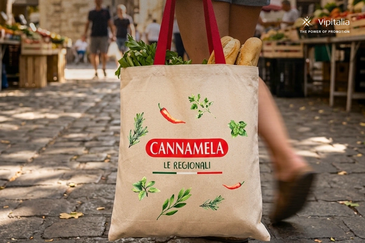 Personalised cannamela shopping bag being carried by a person. This shopping bag was made by Vipitalia milano