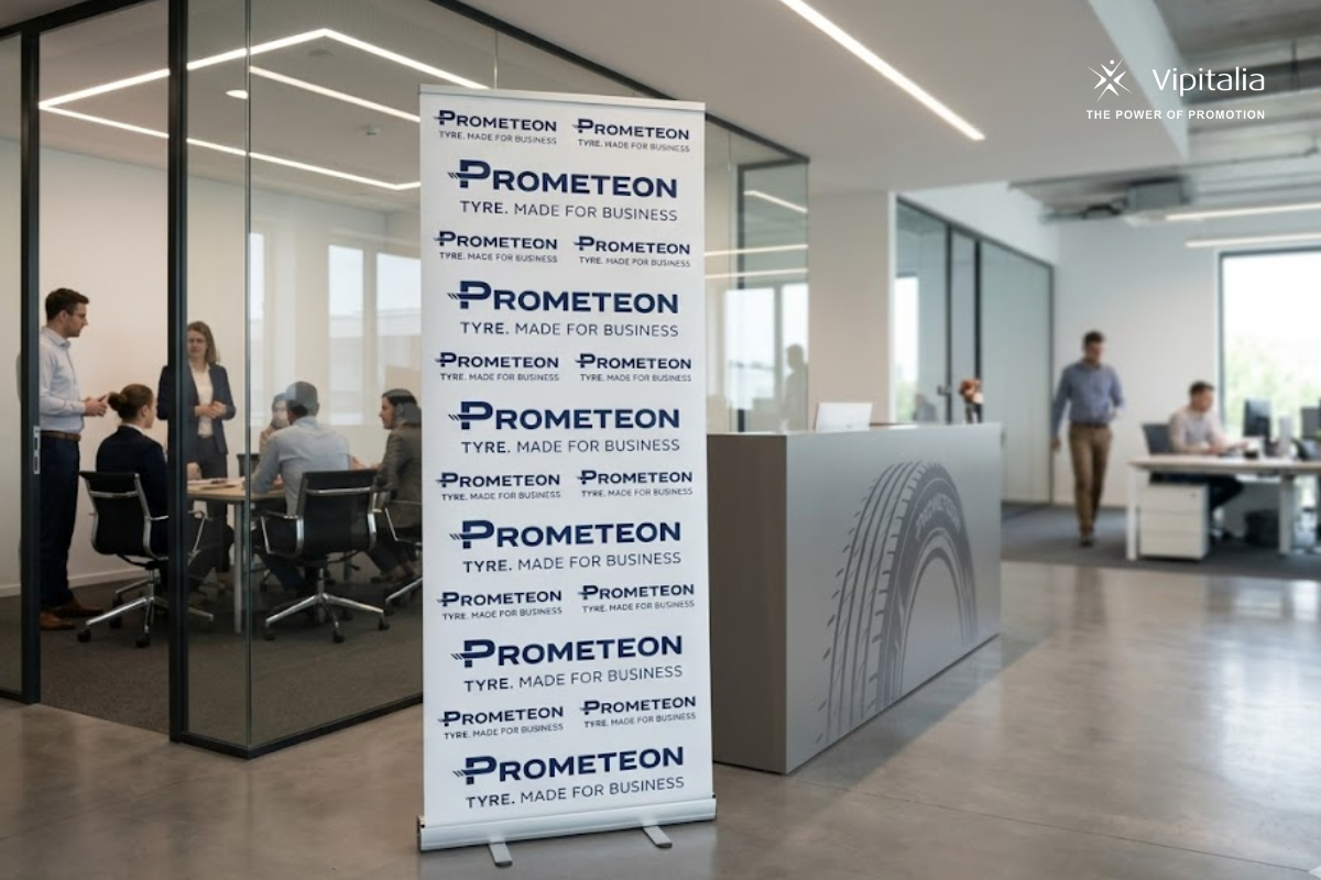 Stand-up banner displayed in a modern office environment for corporate branding, made by Vipitalia.