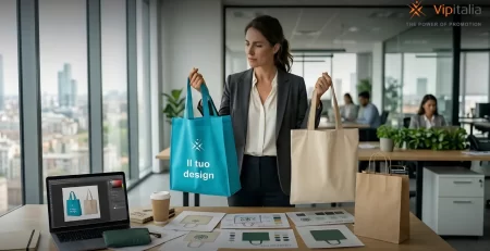 Professional woman in a modern office comparing two personalized shopper bags for corporate branding, showing a custom blue tote and a plain canvas mockup.