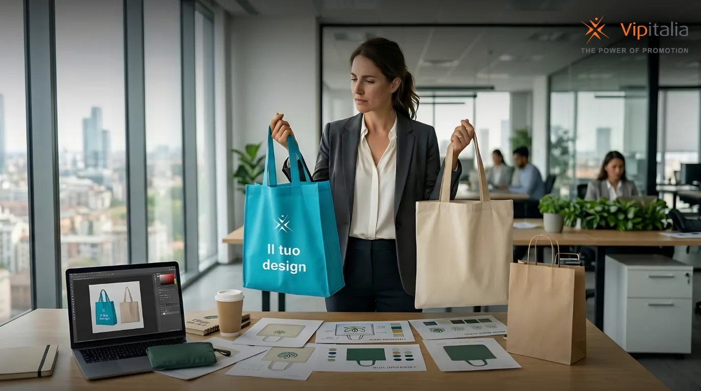 Professional woman in a modern office comparing two personalized shopper bags for corporate branding, showing a custom blue tote and a plain canvas mockup.
