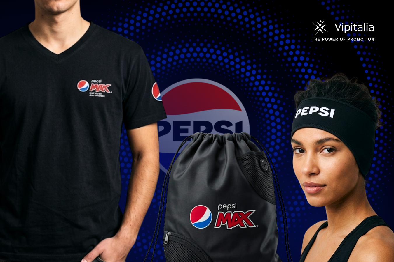 Pepsi themed tshirt, drawstring bag and headband made for pepsico by Vipitalia