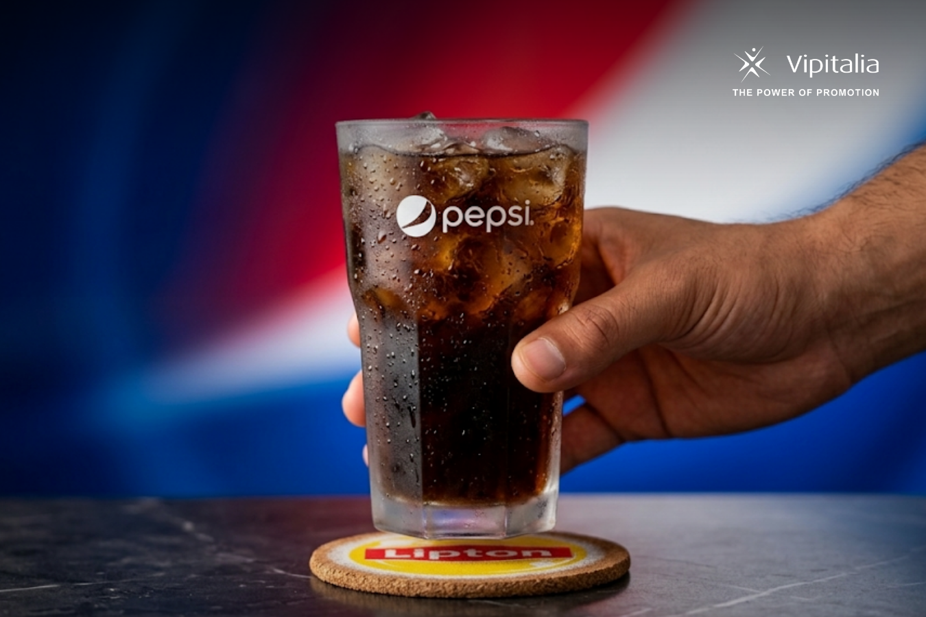 Pepsi themed glass and lipton coaster made for pepsico by Vipitalia