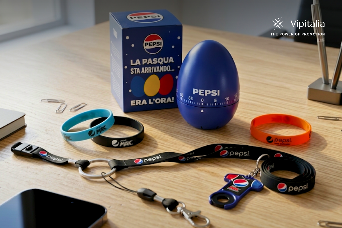 Various pepsi themed merchandising products; lanyards, keychain, bracelets made for pepsico by Vipitalia