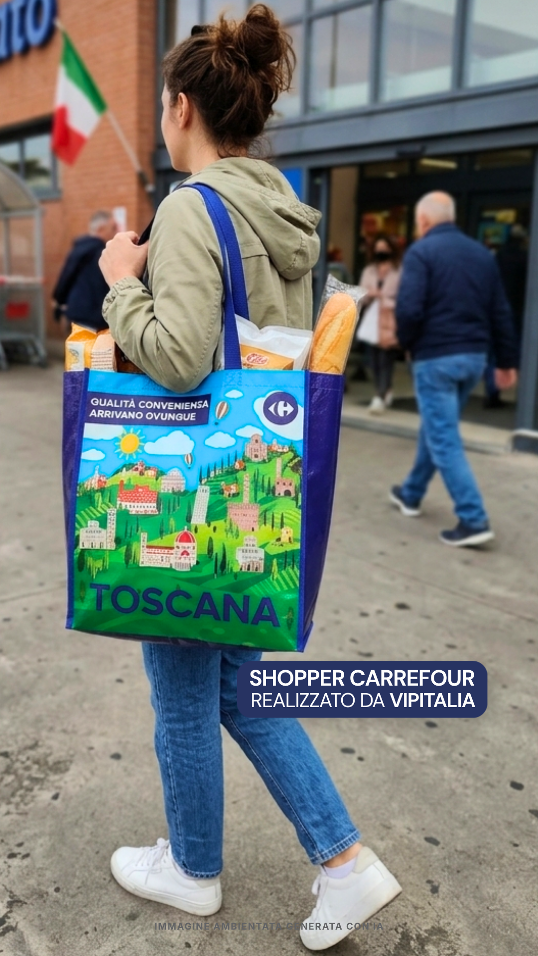 a lady walking with carrefour shopping bag