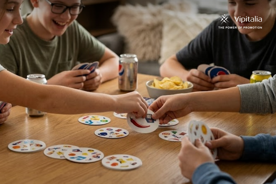 giochi_di_carta_pepsico_vipitalia_2026 Netflix themed merchandising products, realized by Vipitalia. The photo includes the pepsi branded card game being played by a few kids.