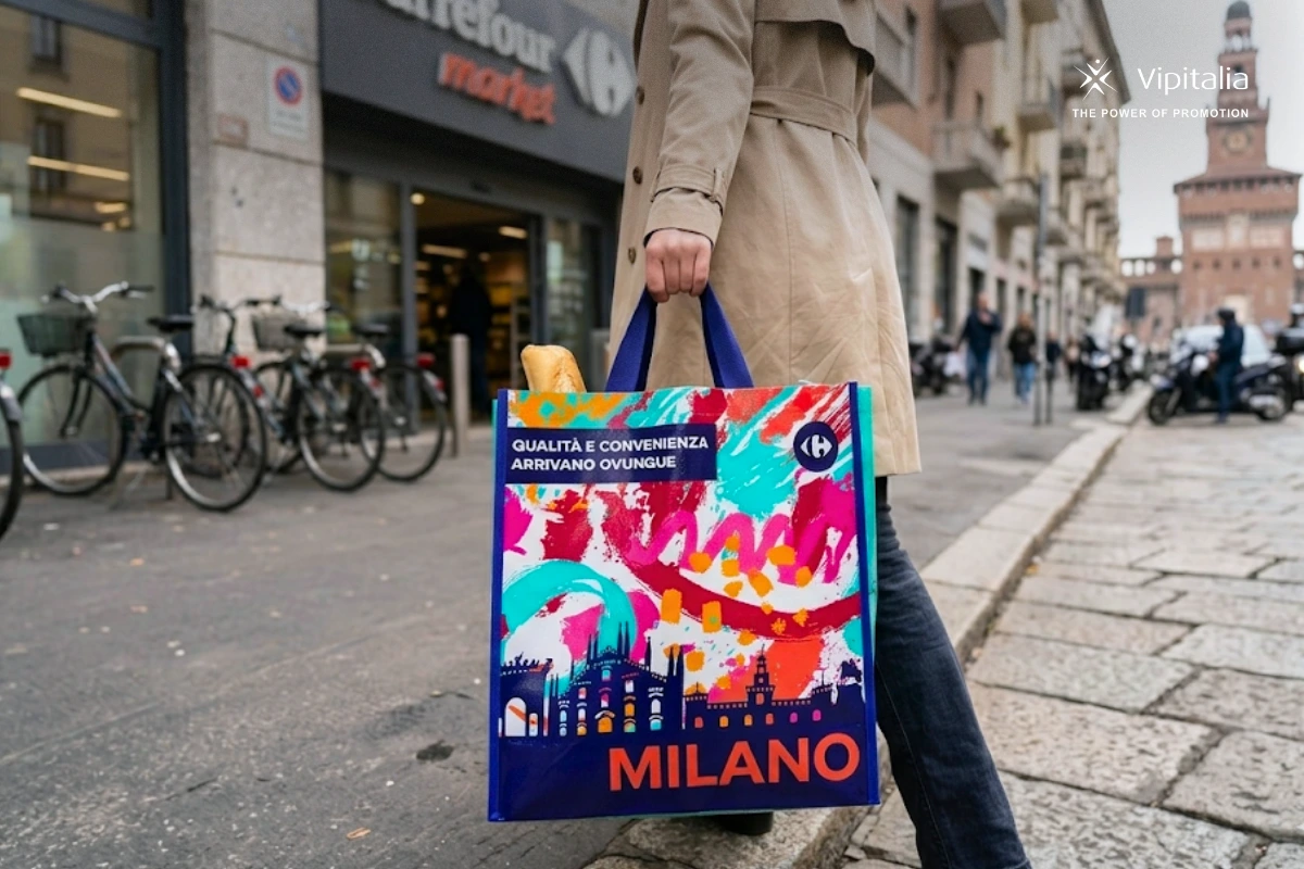 A lady holding the carrefour personalised shopping bag. Projected an made by Vipitalia Milano